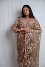 Premium Mocha Brown Embroidered Designer Saree with Pink Floral Work - Image 2