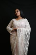 Elegant Blush Pink Organza Saree with Intricate Silver Embroidery - Image 2