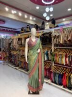 Designer Sage Green Saree with Rich Purple & Gold Embroidered Border - Image 2