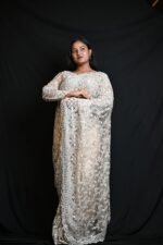 Elegant Ivory White Sequin Embroidered Net Saree with Intricate Silver Work - Image 2