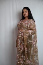 Premium Mocha Brown Embroidered Designer Saree with Pink Floral Work - Image 3