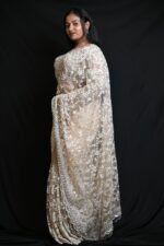 Elegant Ivory White Sequin Embroidered Net Saree with Intricate Silver Work - Image 4