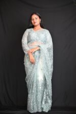 Premium Ice Blue Designer Saree with Silver Floral Embroidery & Sequin Work - Image 2