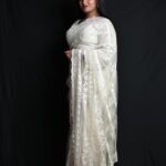 Premium Ivory White Designer Saree with Intricate Silver Embroidery & Sequin Work