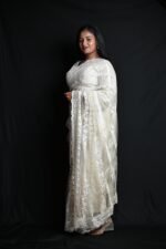 Premium Ivory White Designer Saree with Intricate Silver Embroidery & Sequin Work