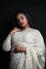 Premium Ivory White Designer Saree with Intricate Silver Embroidery & Sequin Work - Image 2