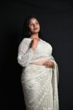 Premium Ivory White Designer Saree with Intricate Silver Embroidery & Sequin Work - Image 3