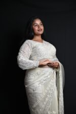 Premium Ivory White Designer Saree with Intricate Silver Embroidery & Sequin Work - Image 4